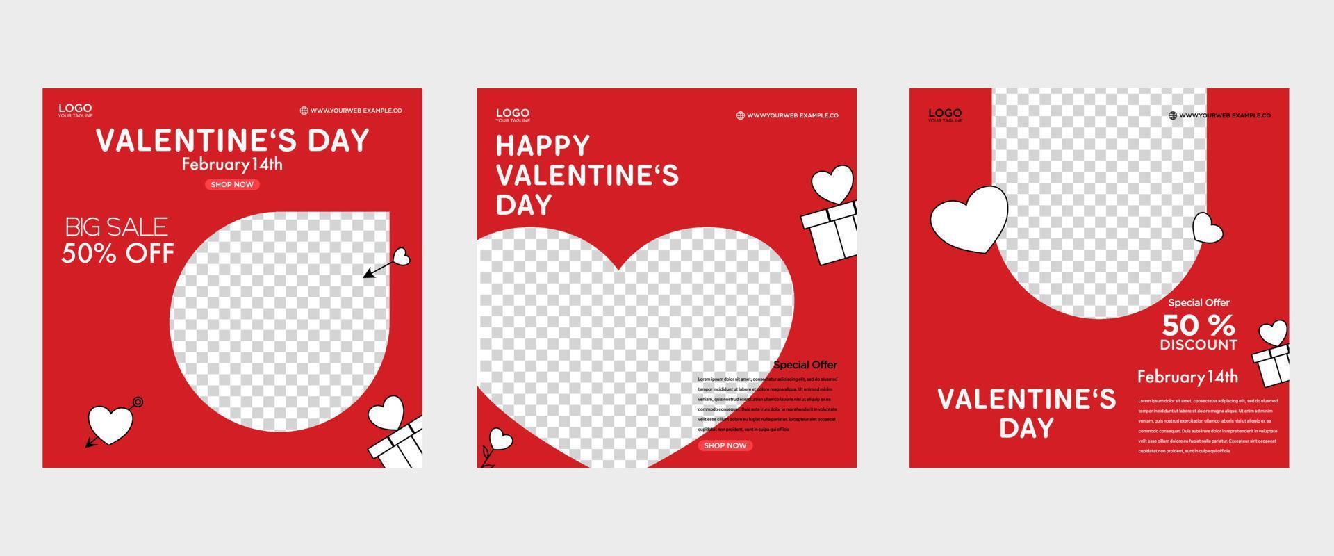 Valentine square banner design template set. Red background with love line frame. Can be used for social media posts, greeting cards, banners and web ads. vector