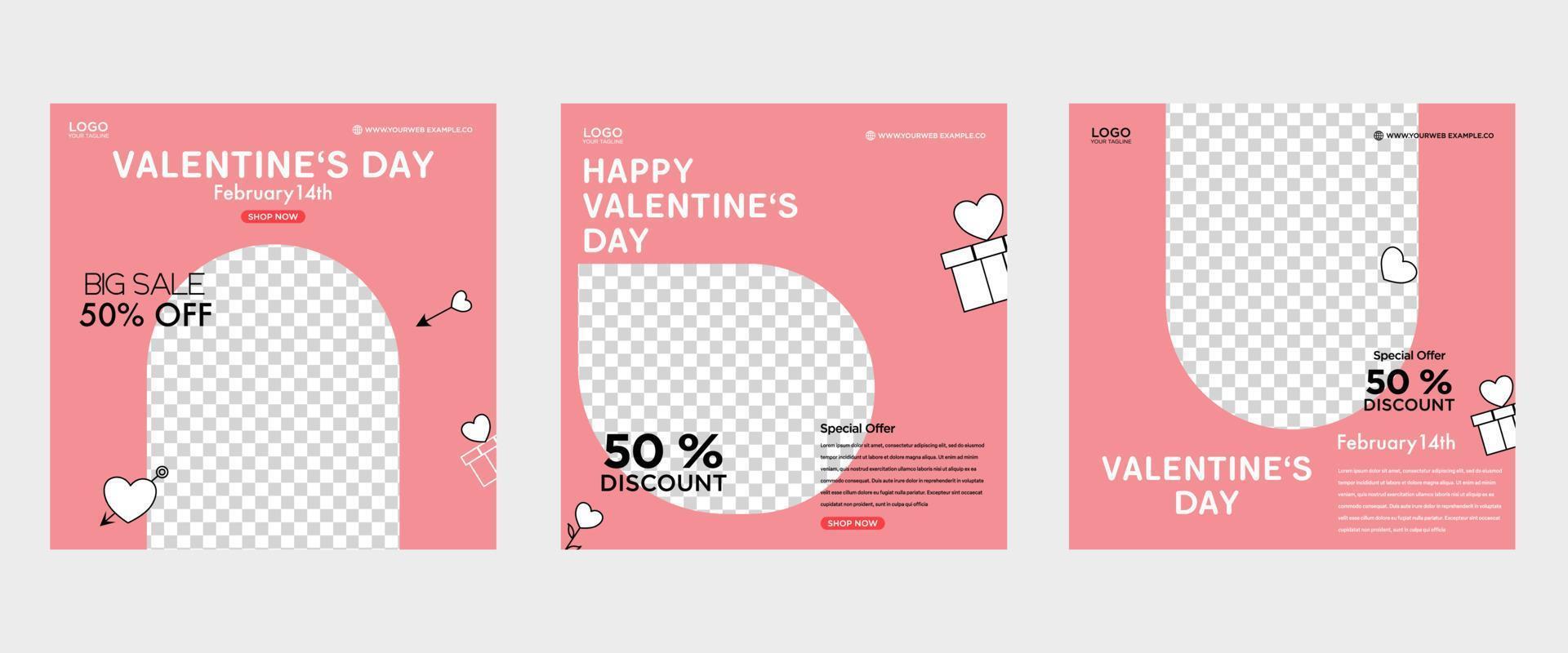 Valentine square banner design template set. Red background with love line frame. Can be used for social media posts, greeting cards, banners and web ads. vector