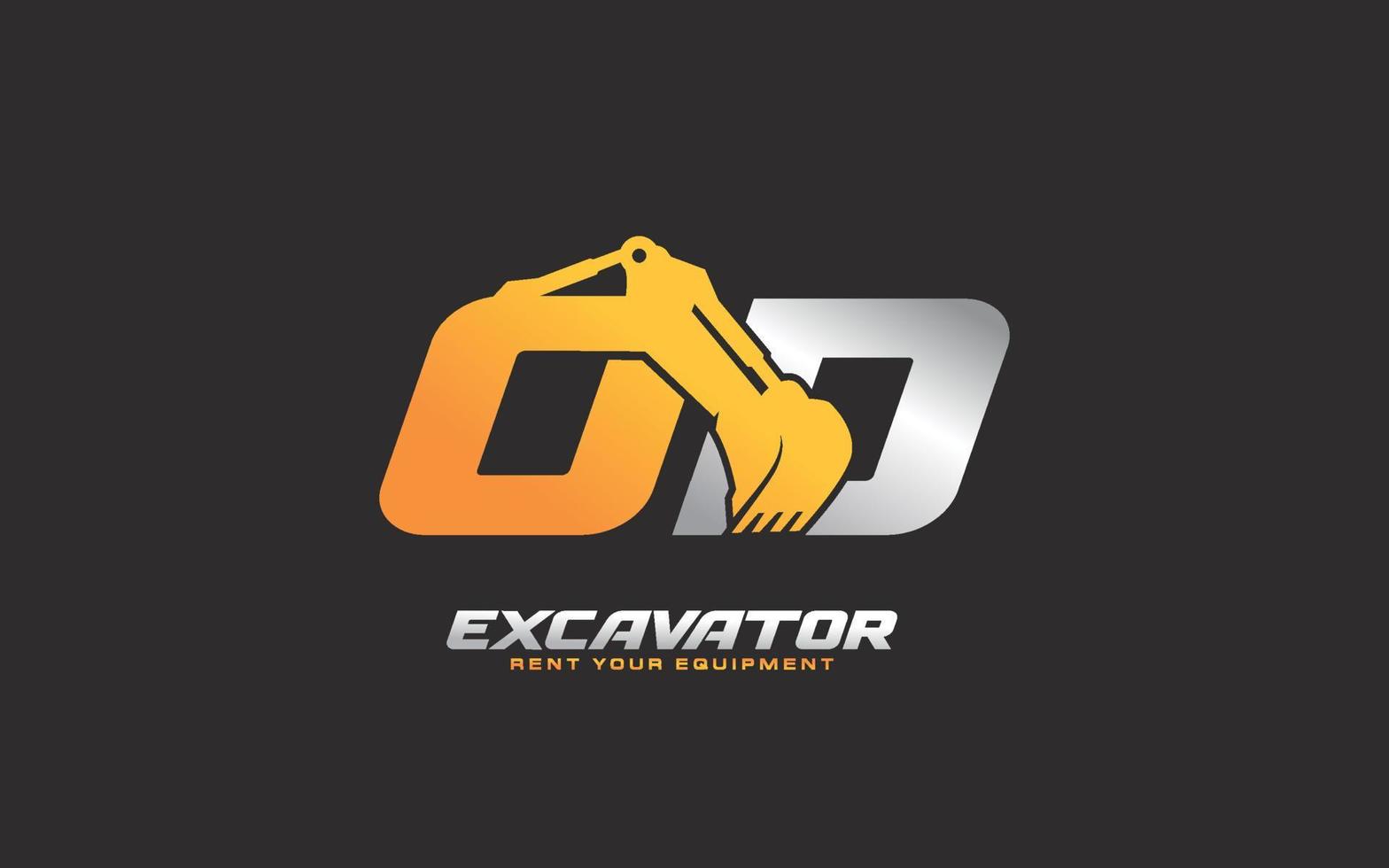 OD logo excavator for construction company. Heavy equipment template vector illustration for your brand.