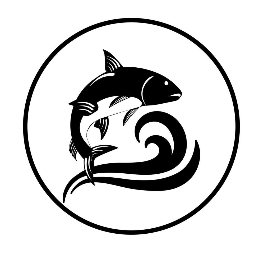 Fish icon with wave silhouette logo circle  on white background vector