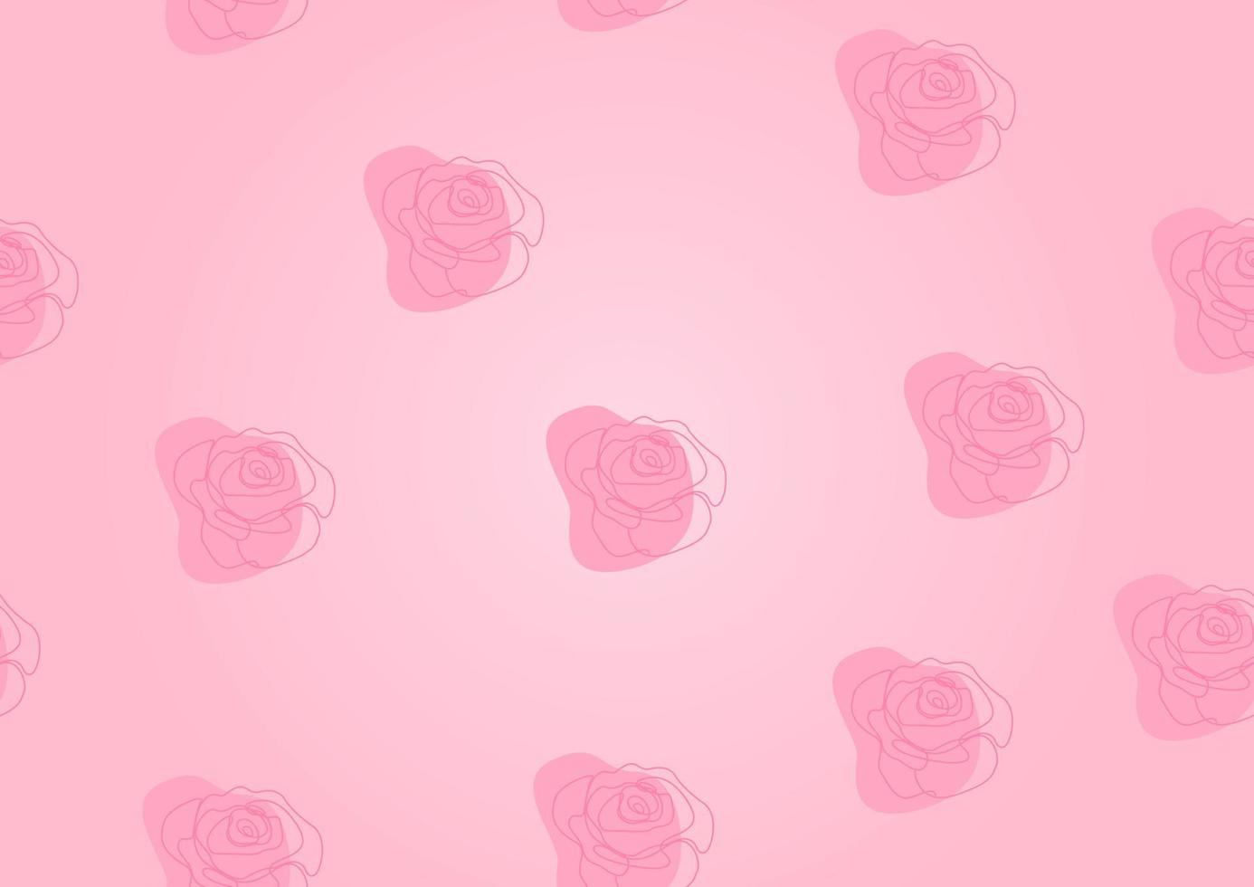 Wallpaper or gift wrapping paper of pink roses in one line drawing style and seamless vector design isolated on pink background.