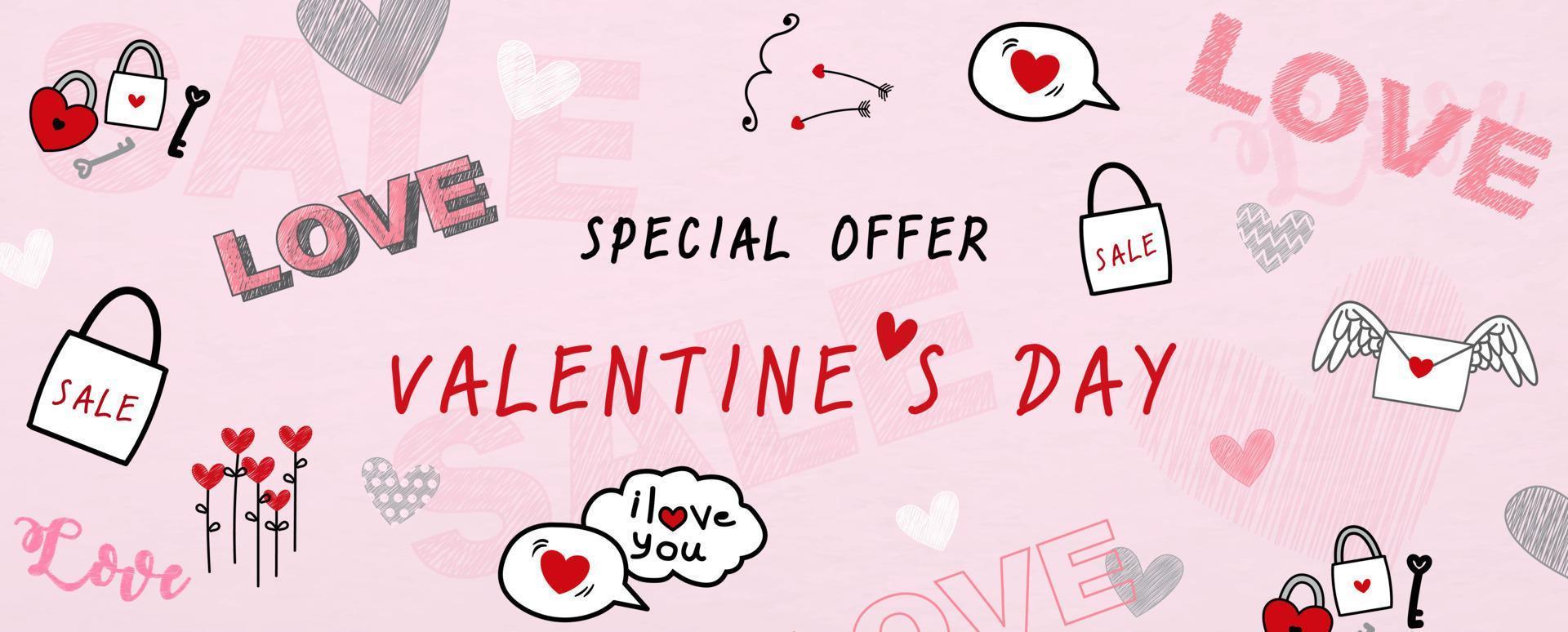 ofertas especiales de san valentín y pancarta de compras con texto de venta y símbolos de amor en el fondo del patrón de papel rosa. vector