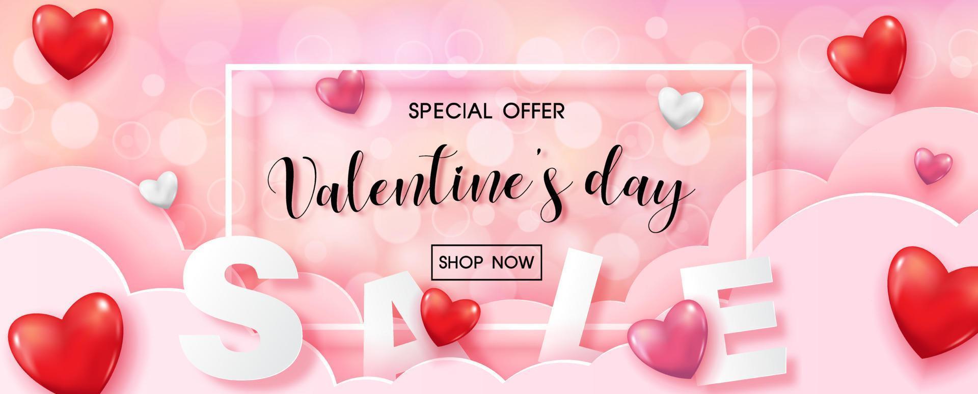 Valentine day's specials offer with sale wording in white frame and red harts on pink cloud and bokeh pattern background. Valentine greeting card in paper cut style and vector design.