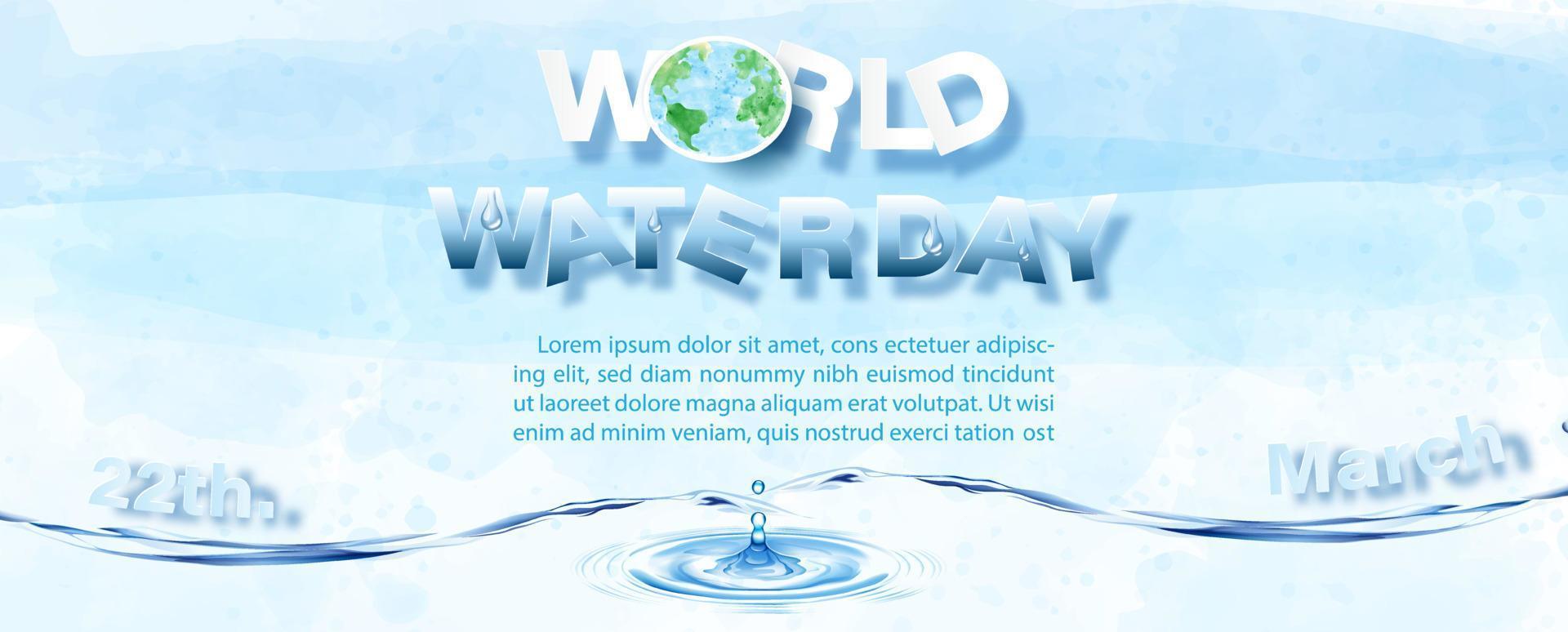día mundial del agua en estilo de corte de papel y texto de ejemplo sobre la sombra de reflexión de la gota de agua y el fondo azul de la acuarela. campaña de afiches del día mundial del agua en diseño vectorial. vector