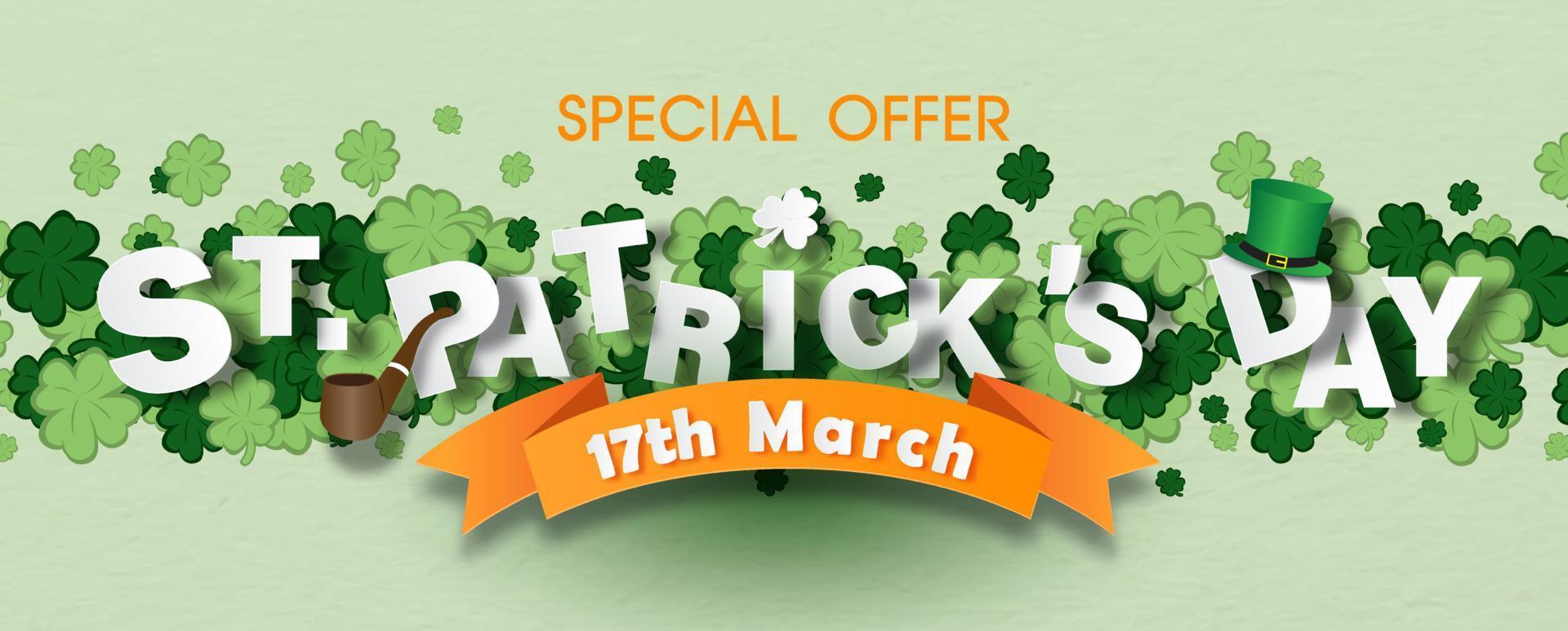 St. Patrick's Day and sale wording with high hat, tobacco pipe on the day of event's ribbon and clovers green background. St. Patrick's Day greeting card in paper cut and vector design.