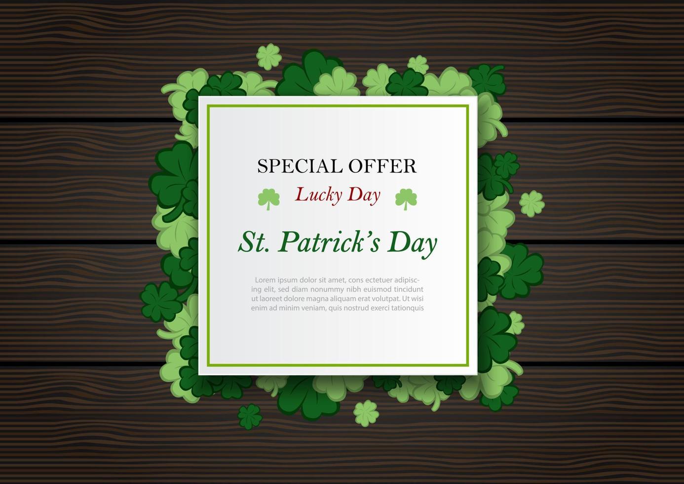 St. Patrick's Day sale wording on  white banner, clovers and brown wooden board background. St. Patrick's Day greeting card in  vector design.