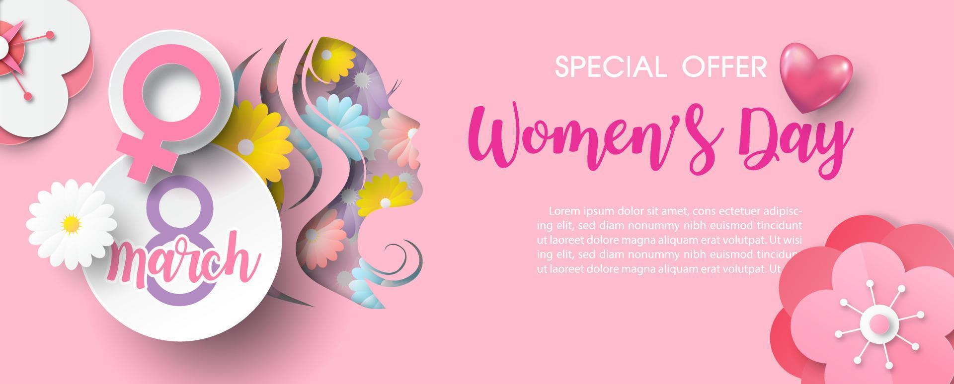 cartel del día internacional de la mujer en estilo de corte de papel y diseño vectorial con ofertas especiales de venta de texto sobre fondo rosa. vector