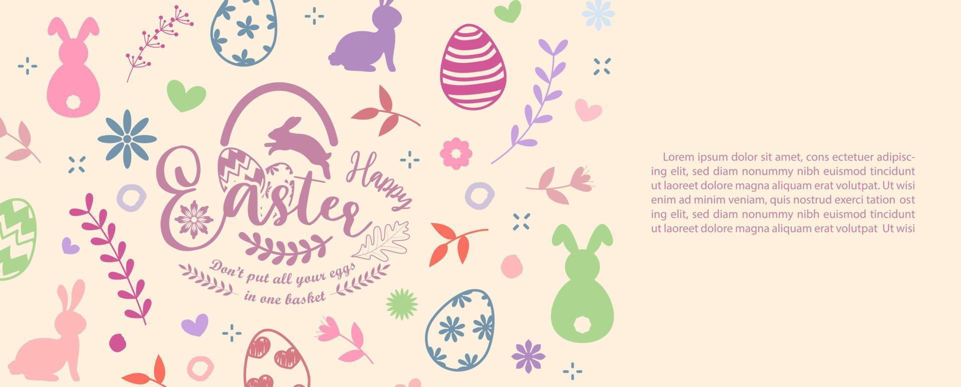 Colorful sign and symbols of Easter day in flat style and example texts on light yellow background. vector