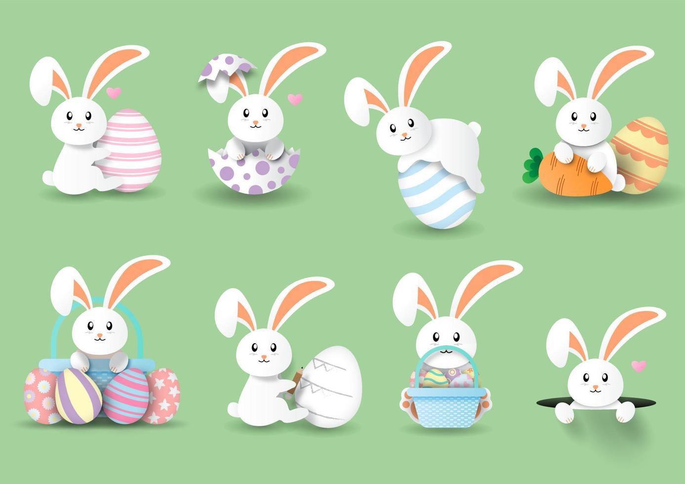 Set of Easter bunny isolate on green background. vector