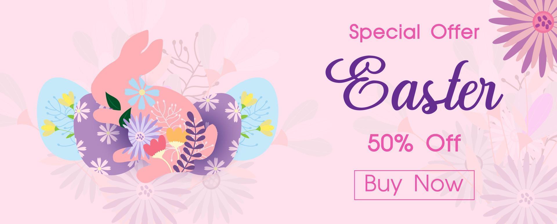 el conejo de pascua con huevos y texto de venta sobre flores decorativas y fondo rosa. venta de oferta especial del día de pascua en diseño de banner y vector. vector