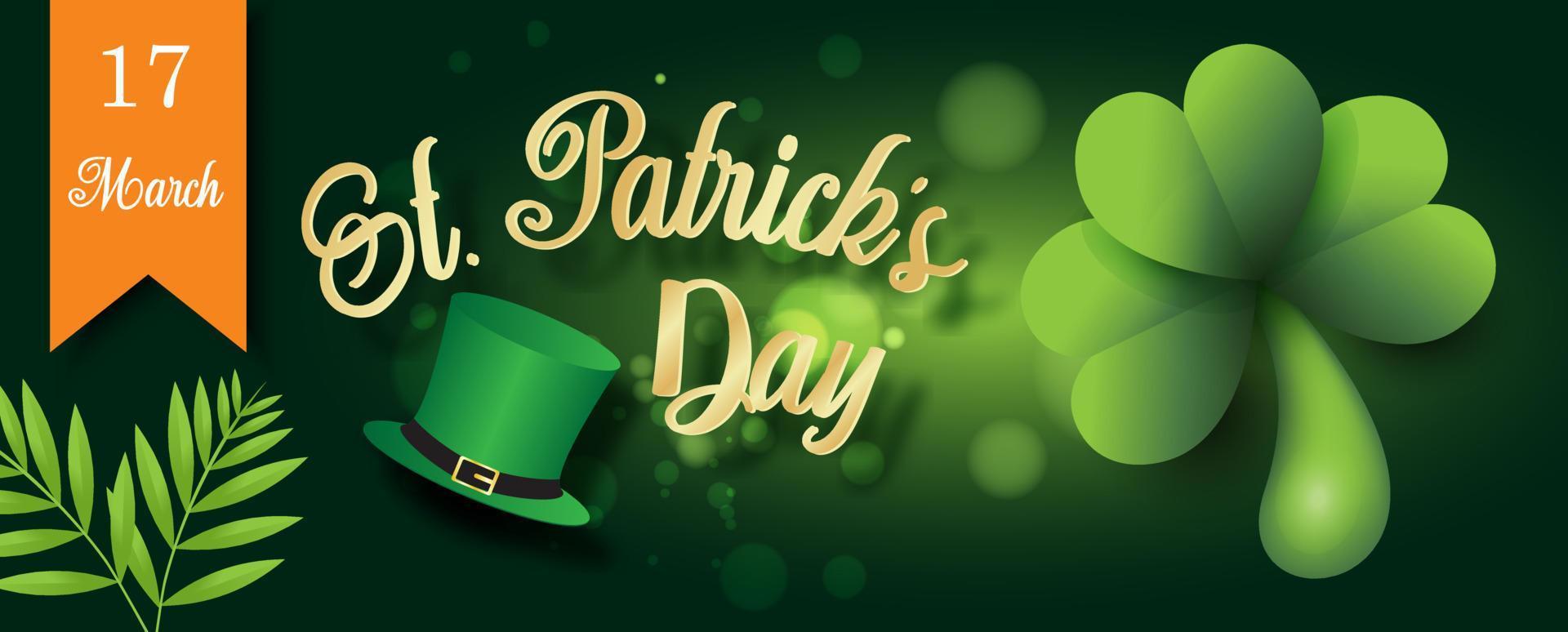 Giant shamrock plants with golden Saint Patrick's Day letters, high hat and the day of event's ribbon on blurred and bokeh green background. Saint Patrick's Day greeting card in vector design