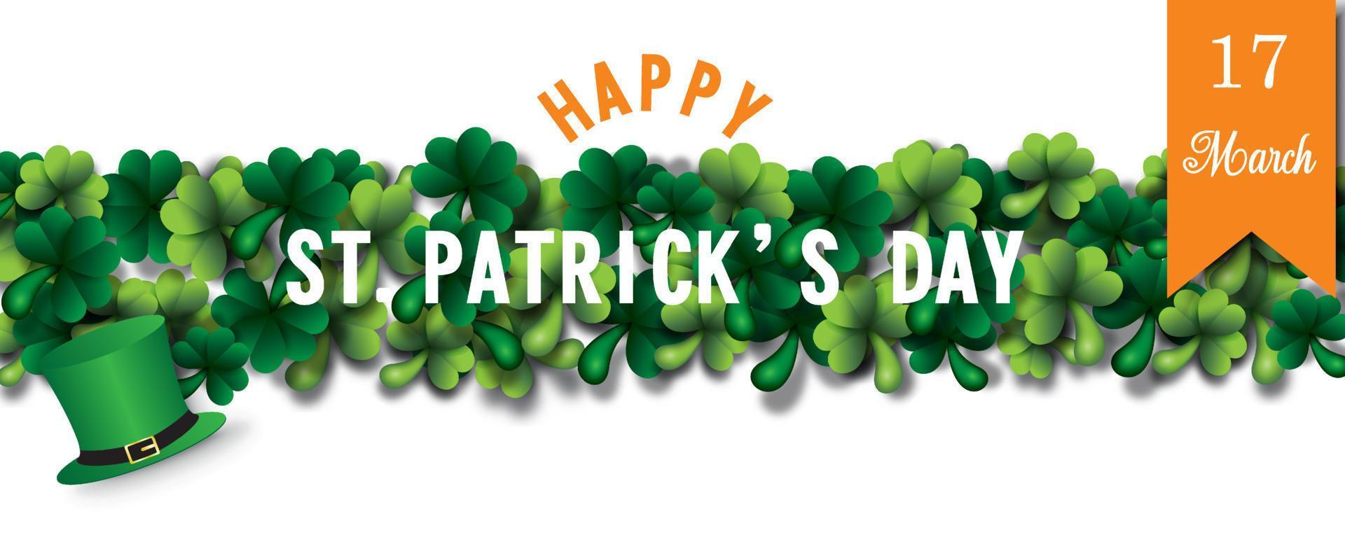 Happy Saint Patrick's Day letters, high hat and the day of event's ribbon on shamrock plants and white background. Saint Patrick's Day greeting card in vector design