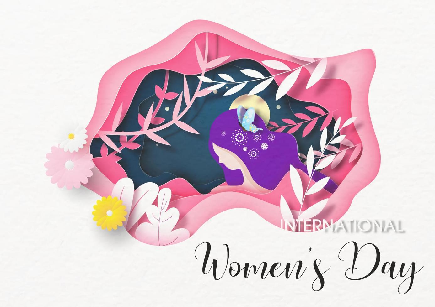 Decorated plants and flowers on abstract layers shape and head of woman, wording of Women's day event, on dark blue paper pattern background. All in paper cut style and vector design.