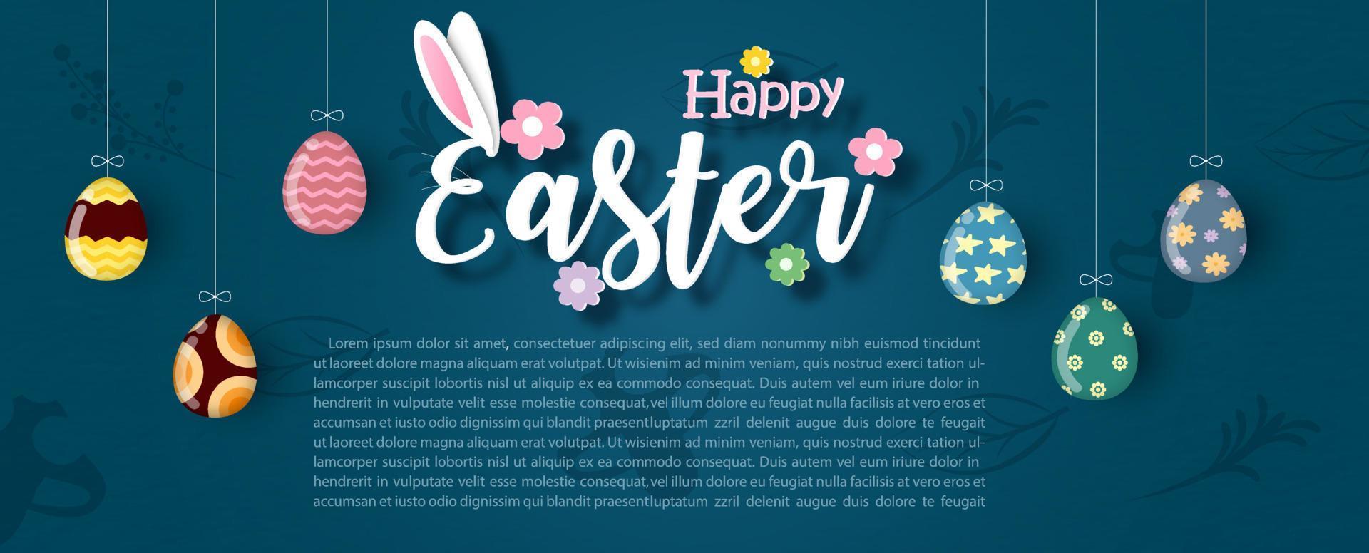 Colorful Easter eggs hang with Happy Easter wording in design and example texts on plants pattern and dark blue background. Easter eggs hunt greeting card in banner and vector design.