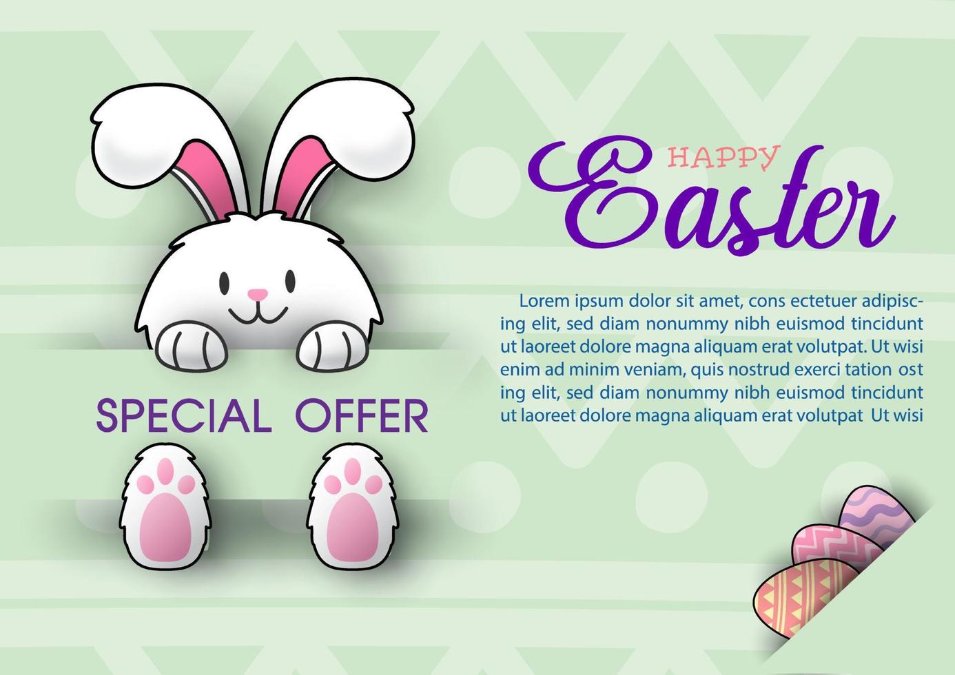 Cute bunny holding on the edge of sale wording banner in the Easter day, example texts and Easter eggs on abstract pattern and green background. Happy Easter sale banner in paper cut style vector