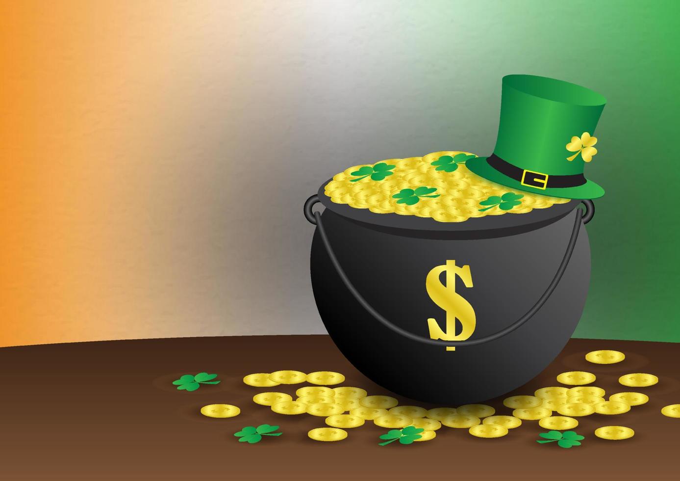 Giant golden coins's pot with high hat of Leprechaun on the ground and gradient colors of Iris flag background with space for texts. vector