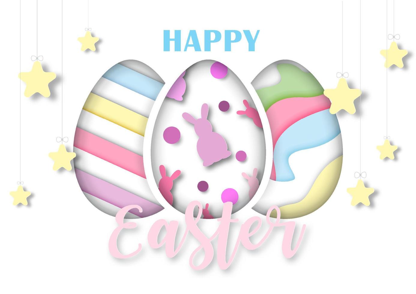 Colorful Easter eggs with yellow star hang and Happy Easter wording on white background. Easter eggs hunt greeting card in paper cut style and vector design.