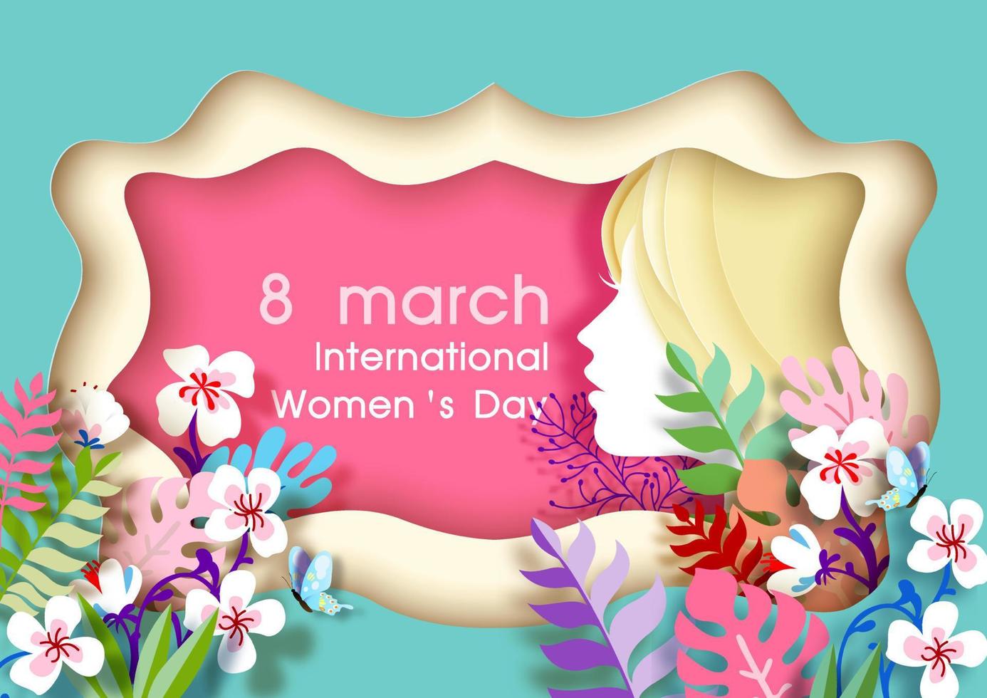 Multicolor plants and flowers on abstract shape and head of woman with the day, name of event on pink background. Card and poster of International Women's day in paper cut style and vector design.