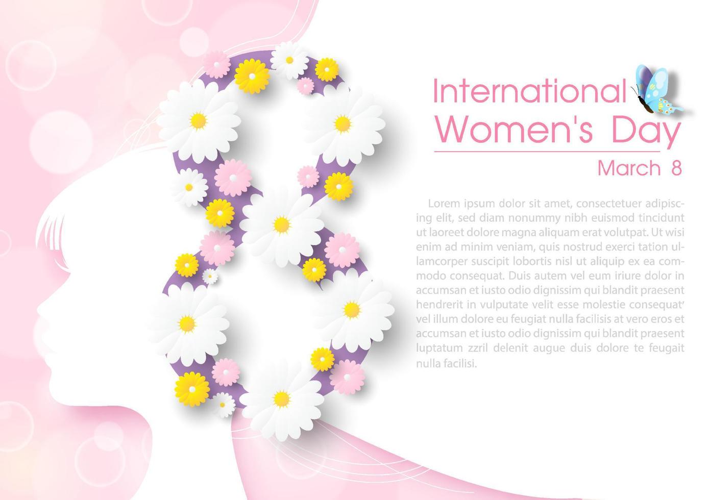 Closeup colorful flowers on the number 8 shape and white silhouette of head's women with wording of Women's day event, example texts and on blurred and bokeh pink background. vector