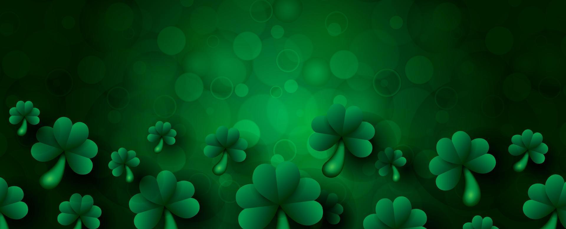 primer plano y cultivo de plantas de trébol en borroso y bokeh con espacio para textos y fondo verde. tarjeta de felicitación y afiche del día de san patricio en diseño de banner vectorial y web. vector