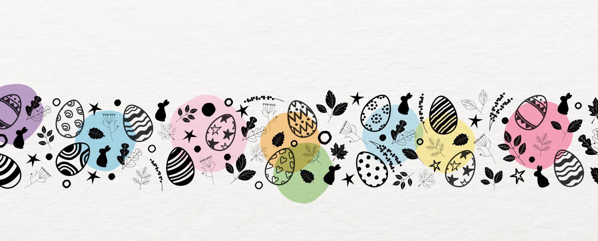 cierra y recorta los huevos de pascua con la naturaleza decorada en estilo garabato y puntos coloridos en el fondo del patrón de papel blanco. vector