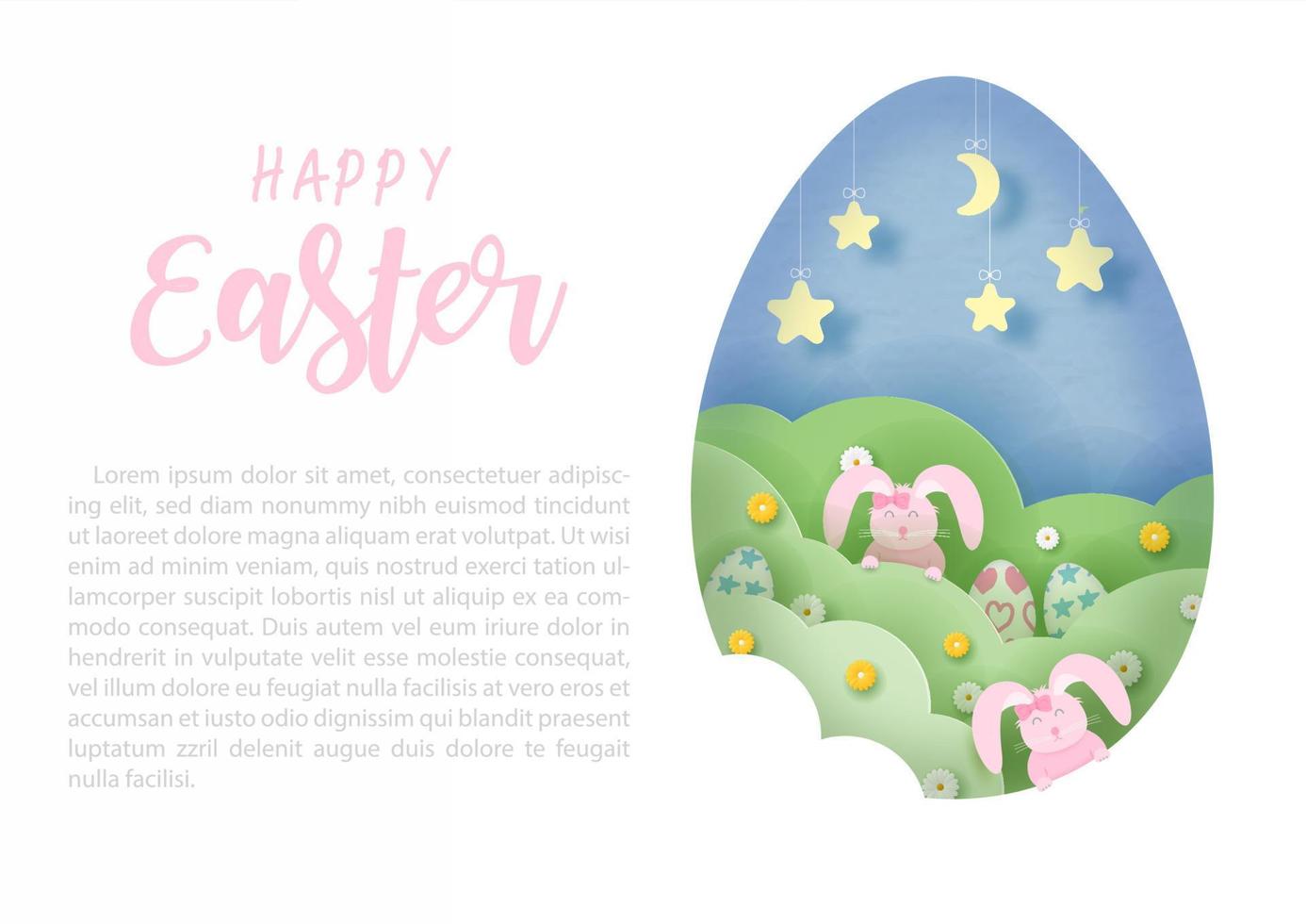 Pink rabbits playing hide and seek in shrubs and night time at giant egg hole shape with pink Happy Easter and example texts on white background.  Easter eggs hunt greeting card in paper cut style vector