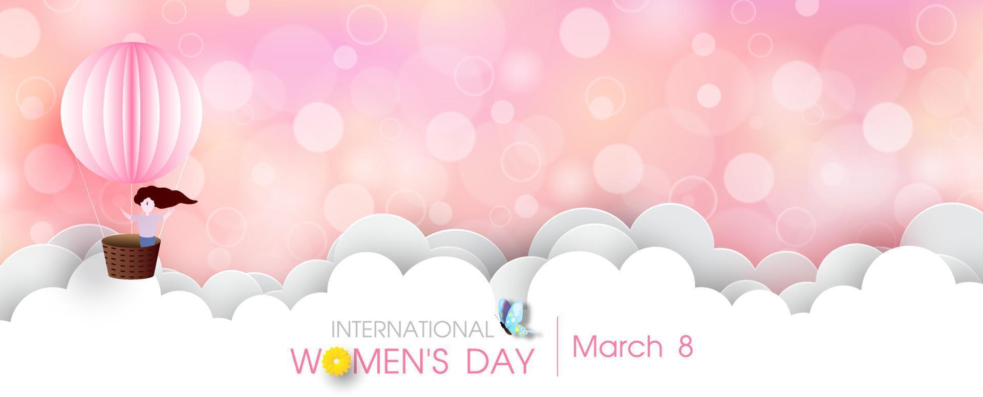Happy girl in a pink balloon with big clouds and wording of Women's day event on blurred and bokeh pink background. International women's day greeting card in paper cut style and banner vector design.
