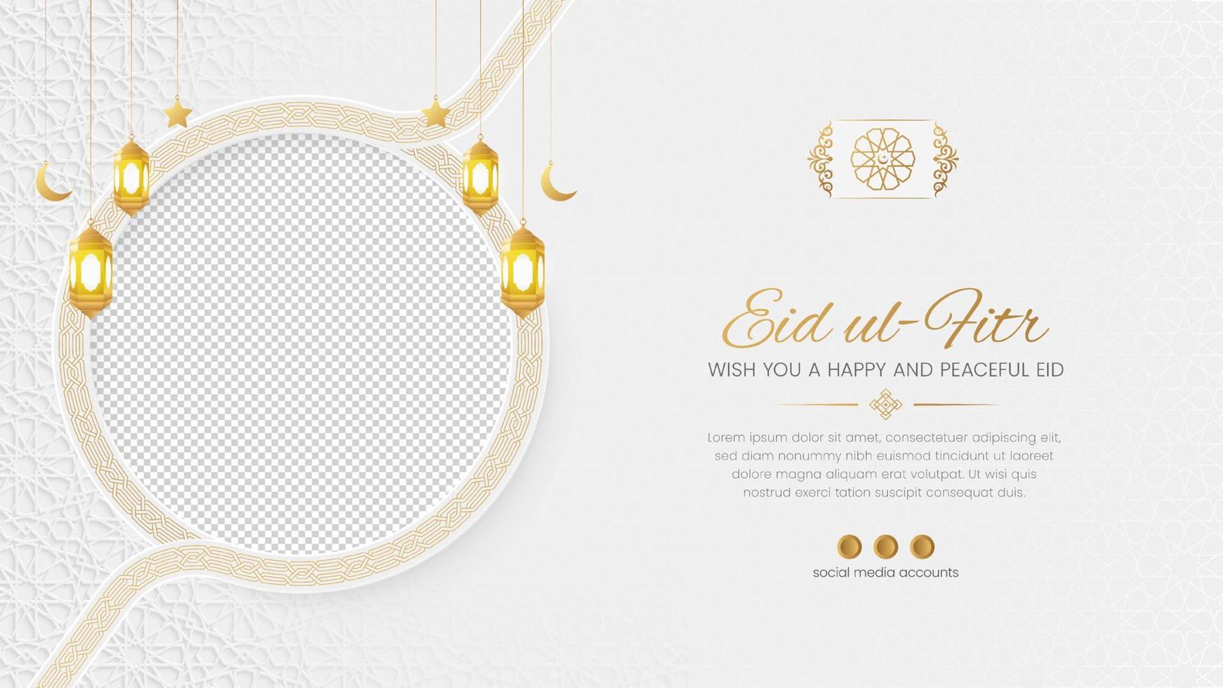 Eid ul fitr Arabic Islamic social media banner design with an arabesque pattern and photo frame vector