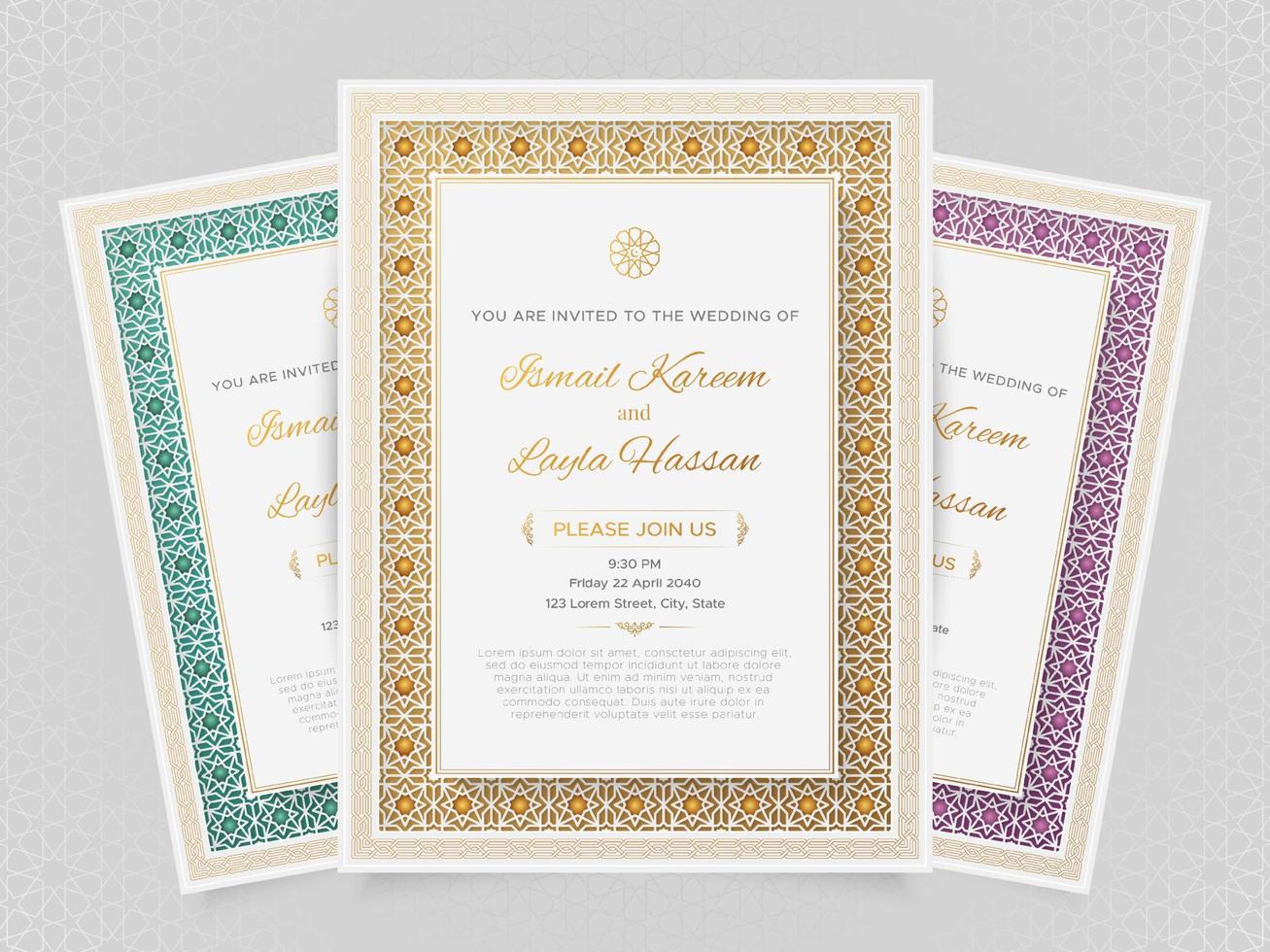 Arabic-style wedding invitation card design with Islamic colorful border vector