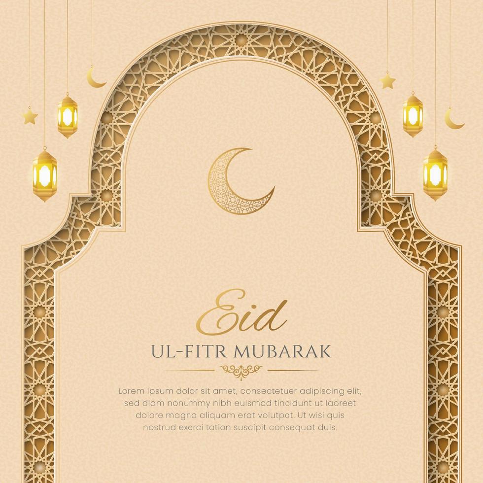 fondo ornamental de estilo de papel realista islámico árabe eid mubarak con patrón árabe y marco de arco decorativo vector