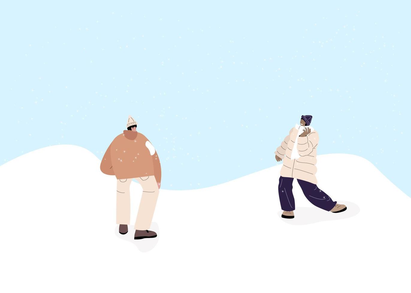 Couple people play snowballs fun game in winter snow landscape vector illustration. Cartoon friend characters playing outdoors, enjoying frost cold weather. Winter healthy activity concept