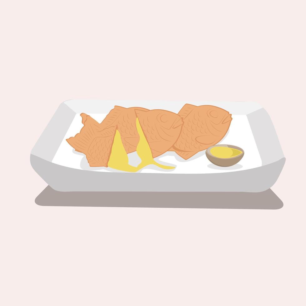 Japanese dessert fish shaped cake filled with Anko sweet red bean paste with Japanese word means Taiyaki. Vector illustration