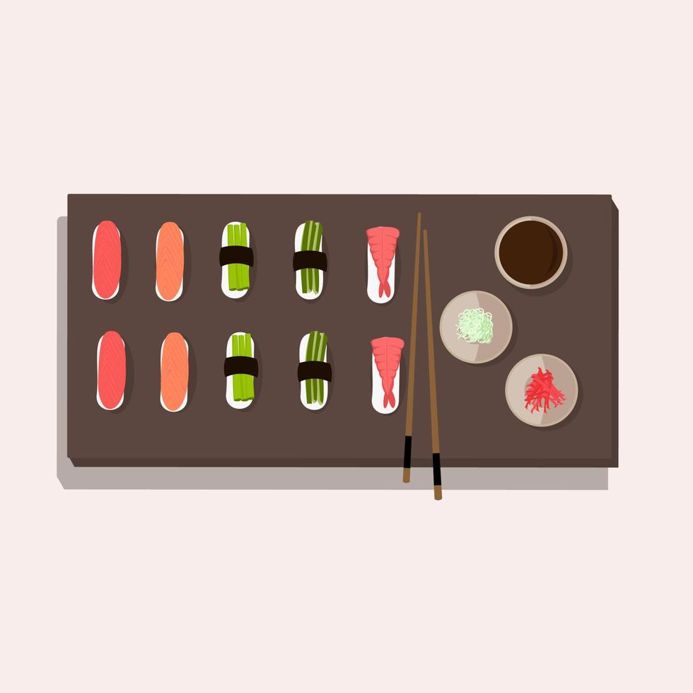 cocina nacional japonesa de sushi con salsa de soja, jengibre y condimentos con palillos vector