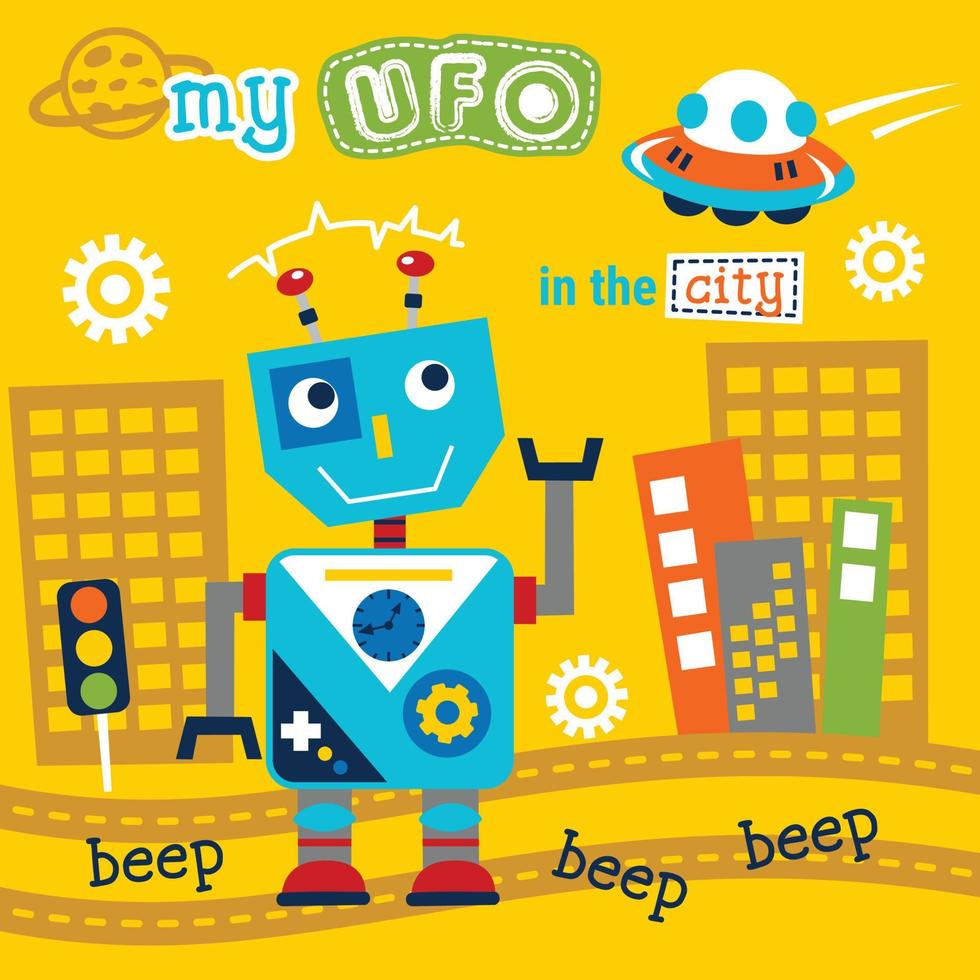 robot and ufo in the city funny cartoon vector