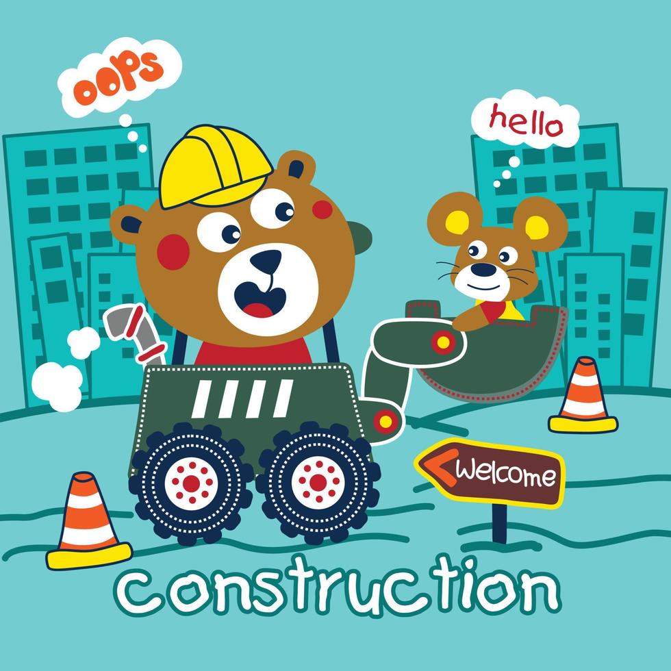 oso y ratón en la excavadora dibujos animados de animales divertidos vector