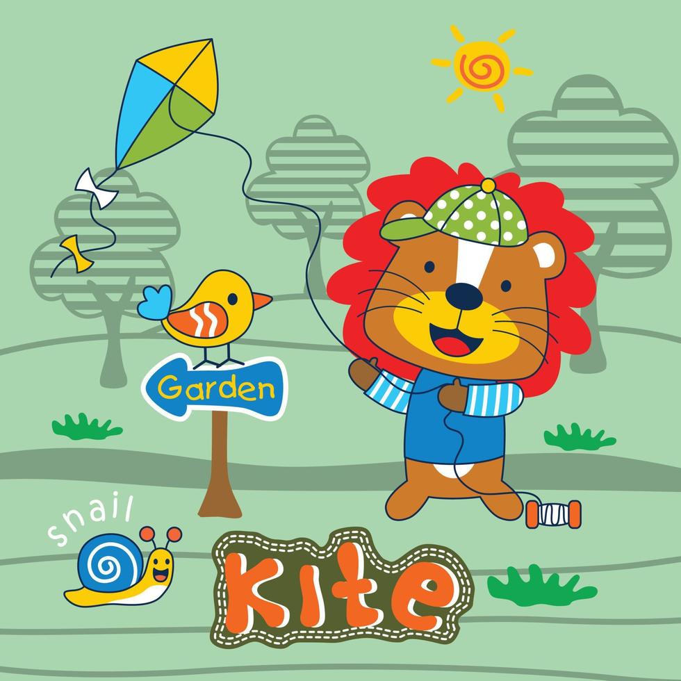León jugando cometa en el jardín dibujos animados de animales divertidos vector