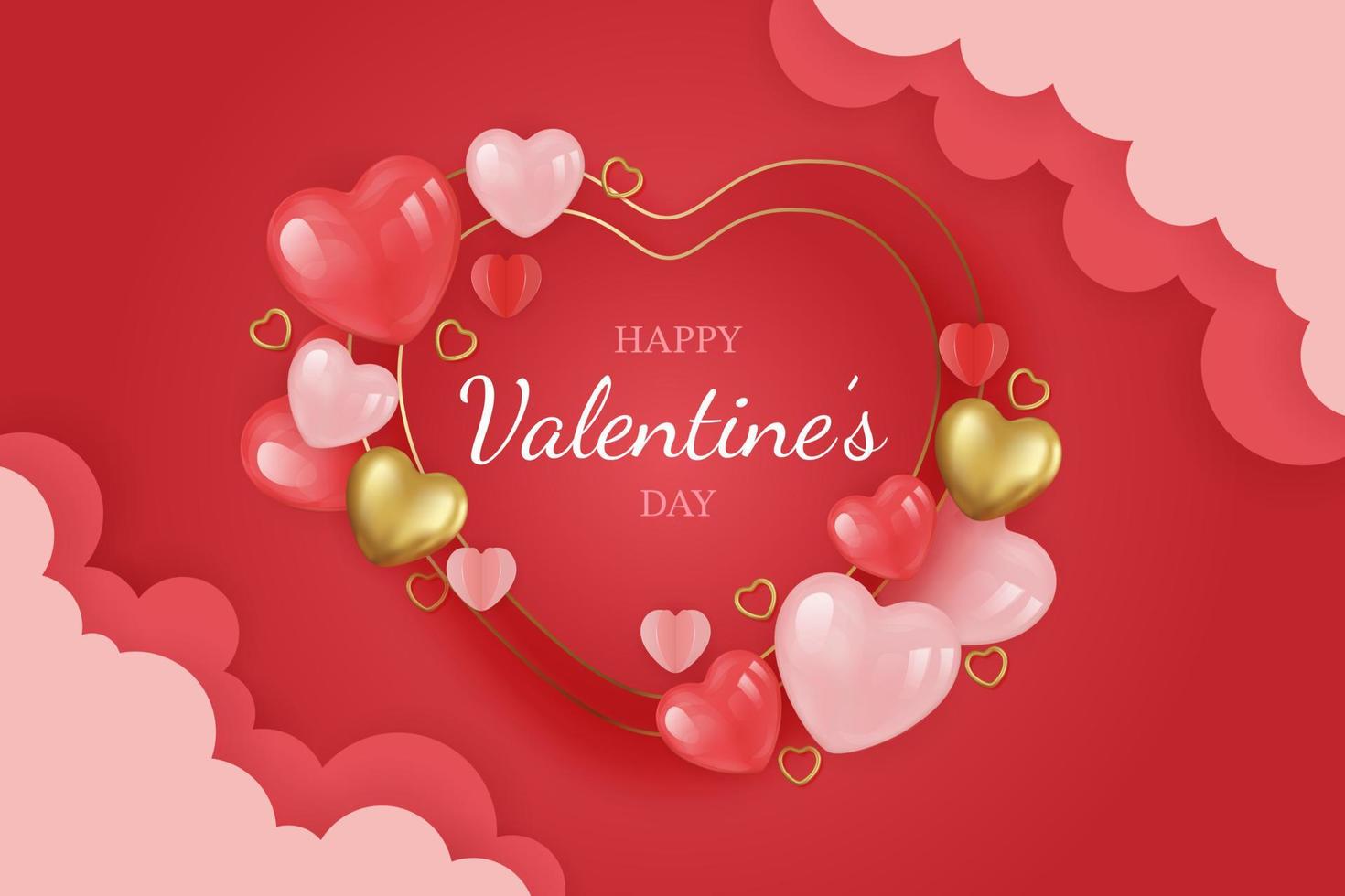 Valentine's day background with balloons heart and golden hearts. Vector illustration. Wallpaper, flyers, invitation, posters, brochure, banners.