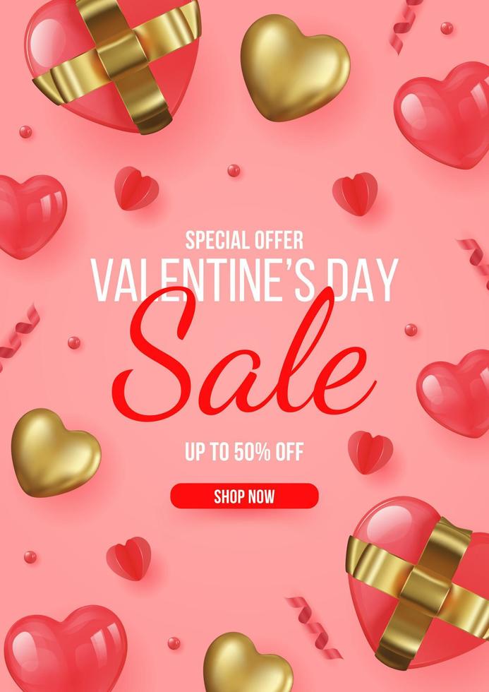 Valentine's day sale background with balloons heart, gift and golden hearts. Vector illustration. Wallpaper, flyers, invitation, posters, brochure, banners.