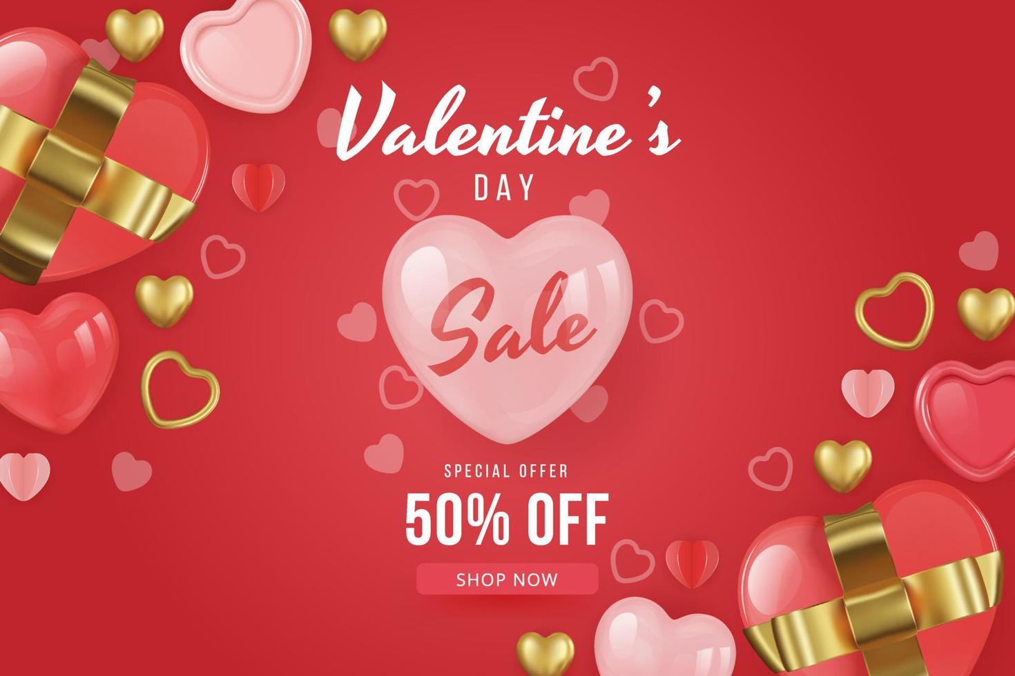 Valentine's day sale background with balloons heart, gift and golden hearts. Vector illustration. Wallpaper, flyers, invitation, posters, brochure, banners.