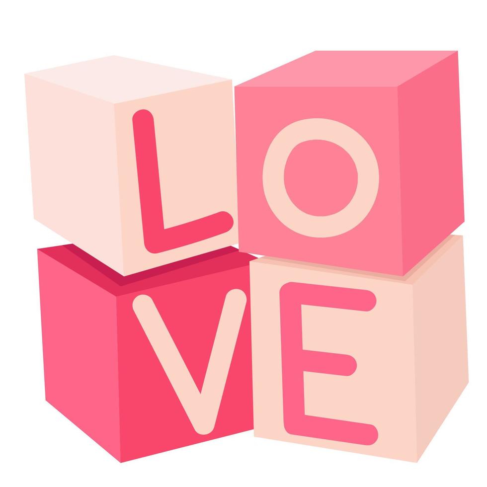 Word Love on cubes,boxes. Text love in pink color.Love blocks. Hand draw. vector