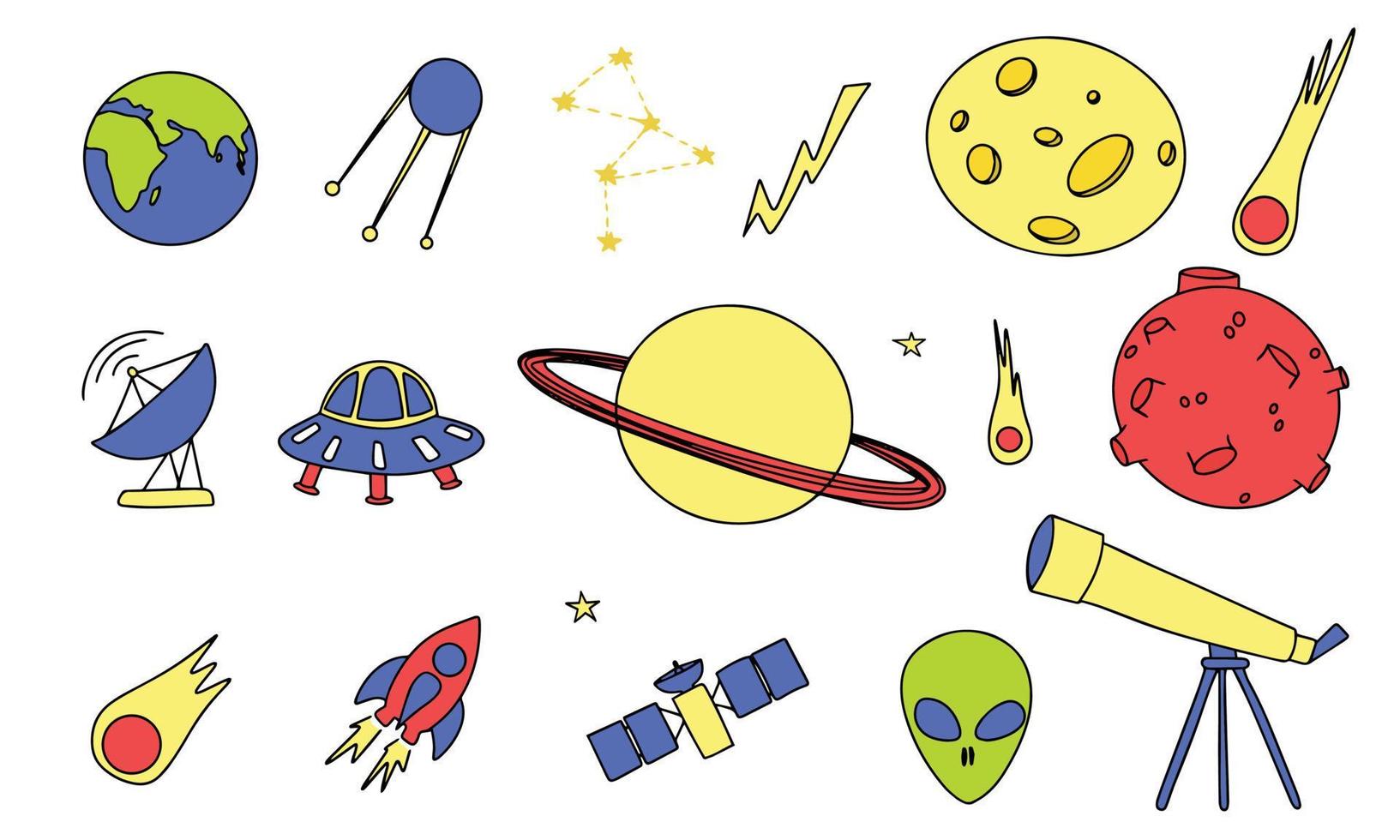 Set of space elements in doodle style. Planets, satellites, UFO, spaceship, alien, rocket. Space elements in doodle style with color, vector illustraiton.