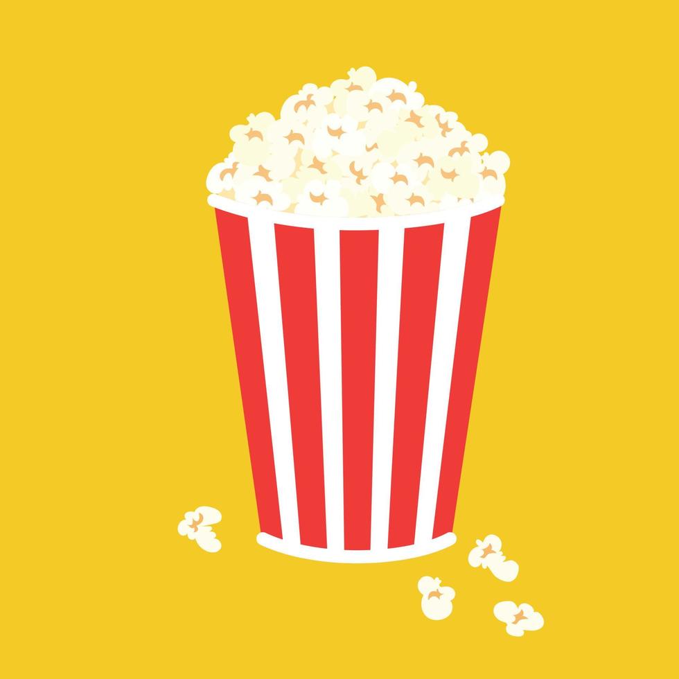 Popcorn in red box. Eat for cinema or movie. Vector illustration.