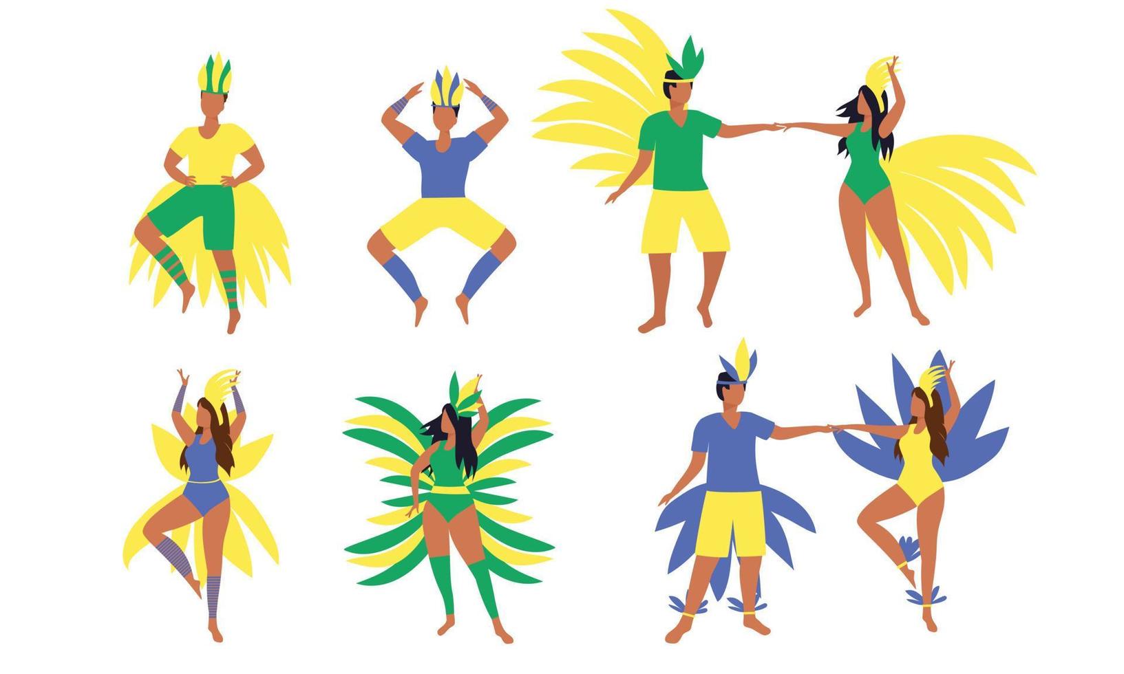 Set of dancing people in carnival costume. Dancing man and woman on festival isolated on white background. Vector illustration.