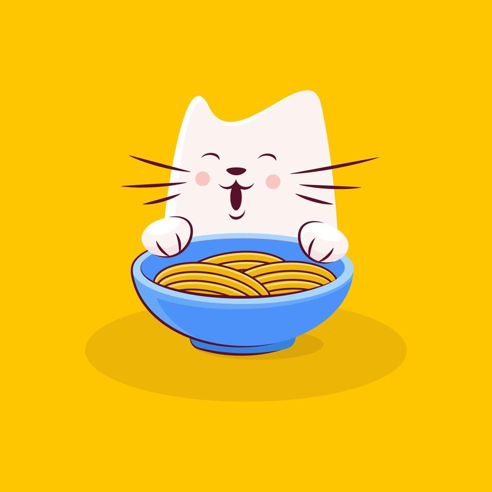 lindo personaje de gato disfruta sabroso ramen vector