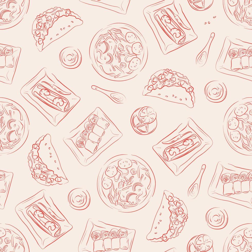 Seamless pattern with hand drawn asian food vector