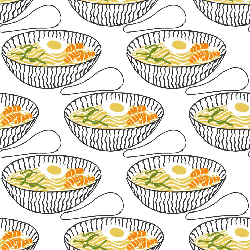 patrón sin costuras con ilustración de sopa estilizada de cocina asiática sobre fondo blanco vector
