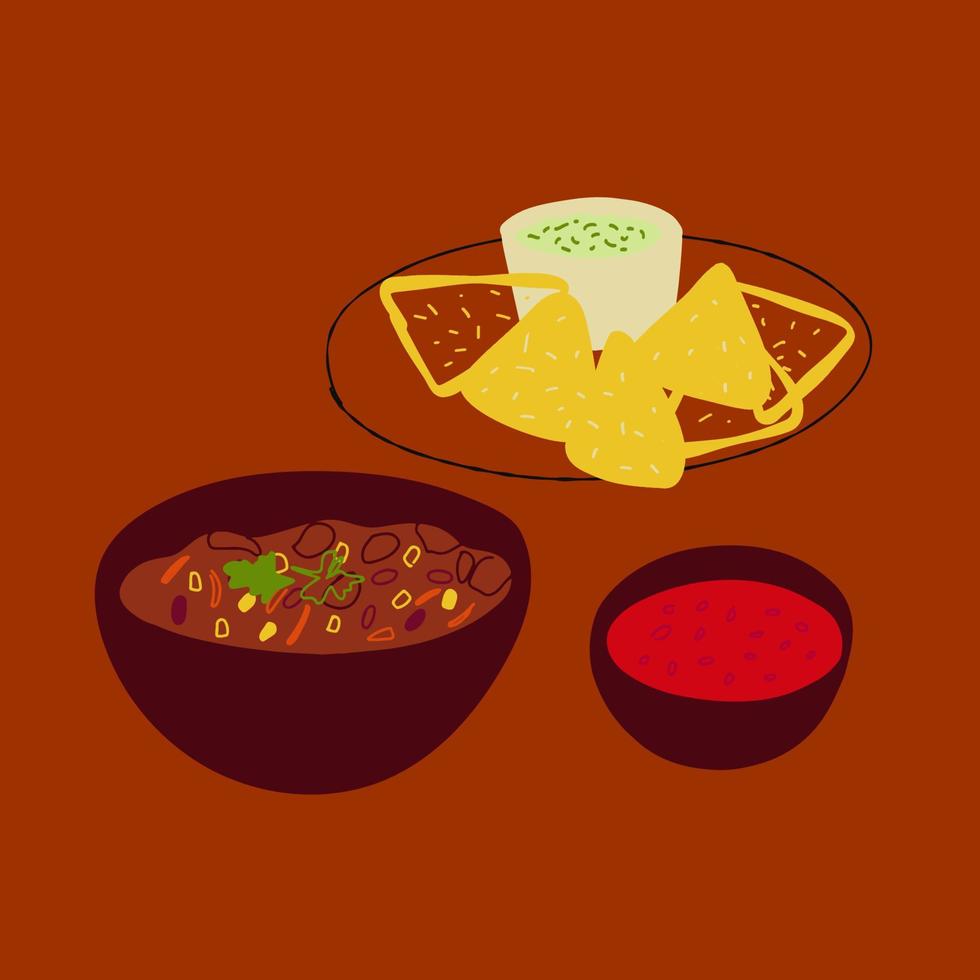 ilustración de comida mexicana chili con carne y nachos con guacamole sobre fondo rojo vector