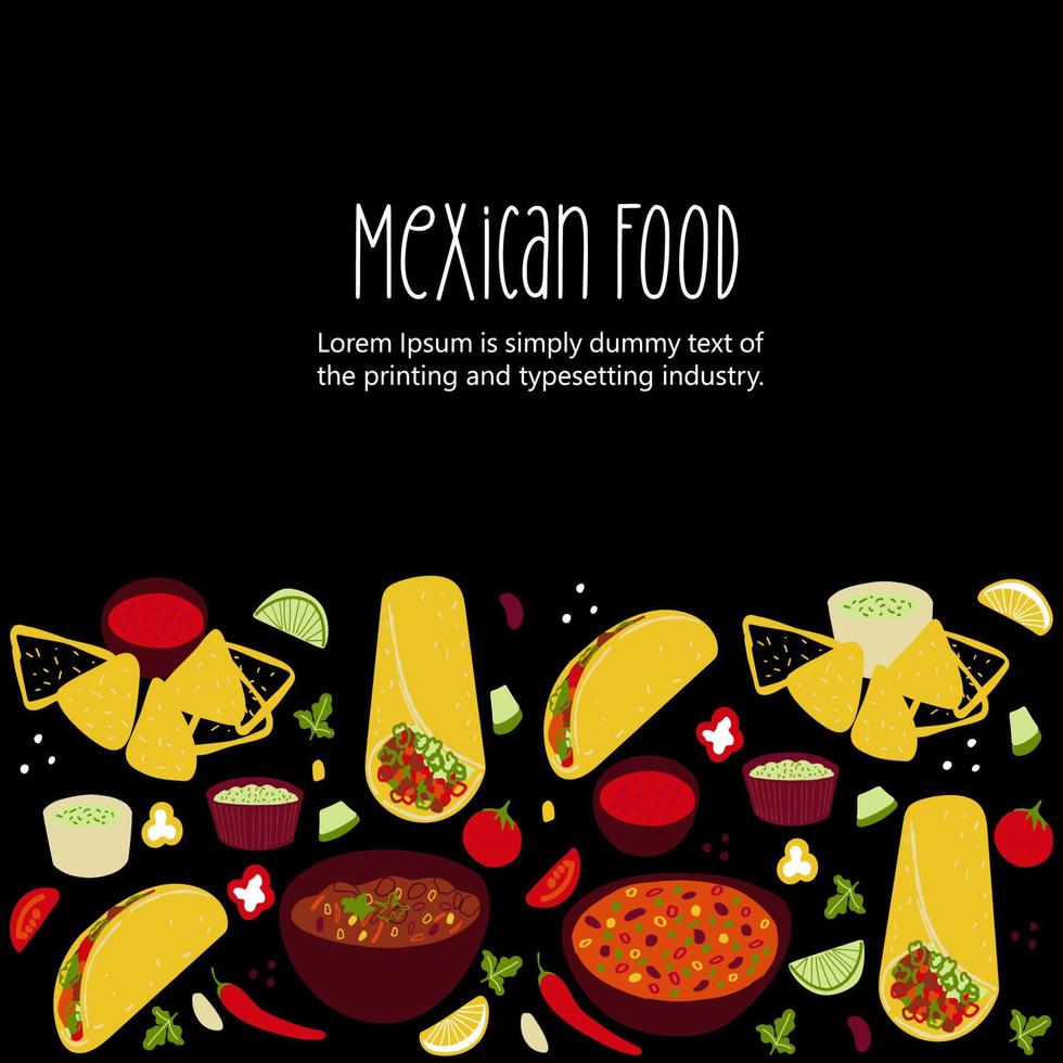 Mexican food illustration Tacos, Burrito, Chili Con Carne, Nachos, Guacamole on black background vector