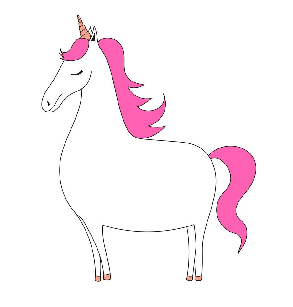 Unicorn with a pink mane. Doodle horse. Vector simple kid illustration.
