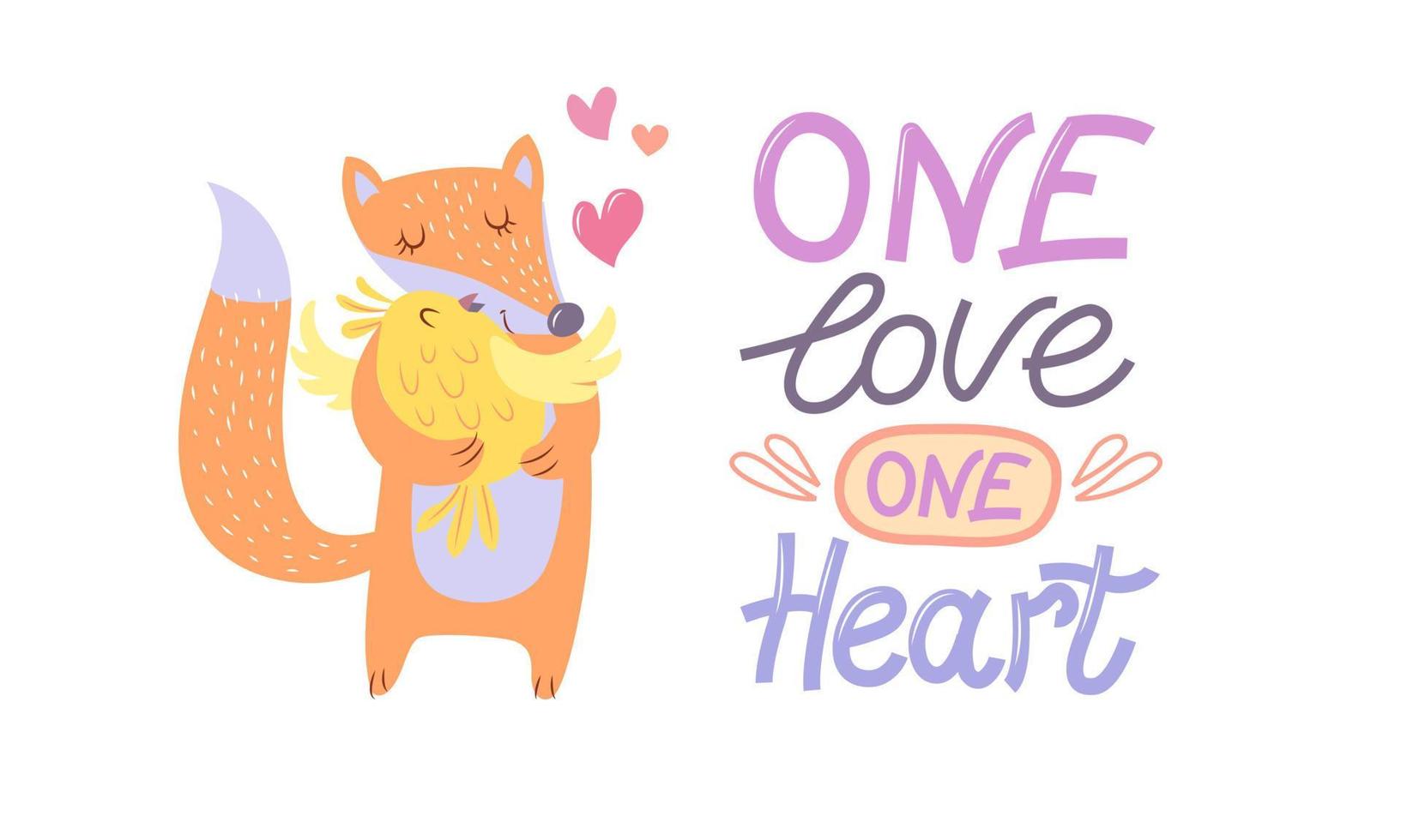 A pair of cute animals in love - a fox hugs a chicken. Lettering - one love one heart. Postcard Happy Valentine's Day. Vector illustration
